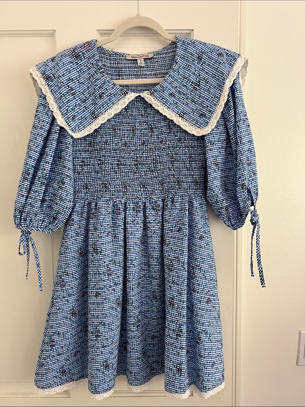 Urban Outfitters Blue Floral Smocked Dress with Lace Collar